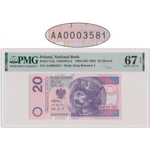 20 złotych 1994 - AA 0003581 - PMG 67 EPQ - niski numer