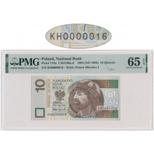 10 złotych 1994 - KH 0000016 - PMG 65 EPQ - bardzo niski numer