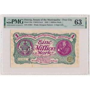 Danzig, 1 million Mark 08 August 1923 - no. 5 digit series with ❊ rotated - PMG 63