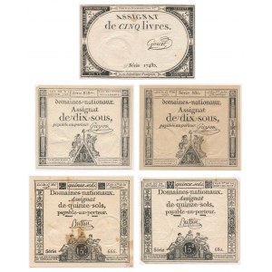 France, lot assignments for 10-15 Sous and 5 Livres (5 pcs.)