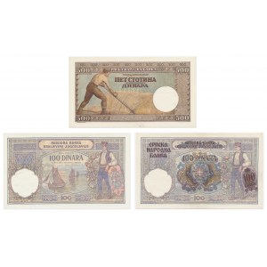 Jugoslawien, Serbien, Satz von 100-500 Dinar 1929-1942 (3 Stück).