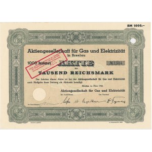 Aktiengesellschaft fur Gas und Elektrizitat, akcja 1.000 marek 1940