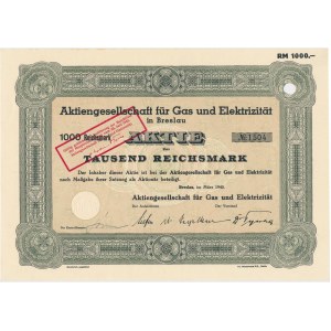 Aktiengesellschaft fur Gas und Elektrizitat, share 1,000 marks 1940