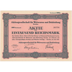 Aktiengesellschaft für Webwaren und Bekleidung, Aktie 1.000 Mark 1940
