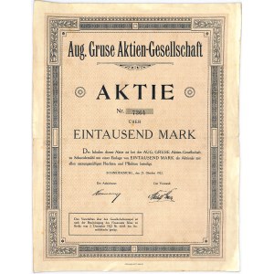 Aug. Gruse Aktien-Gesellschaft, share 1,000 marks 1922