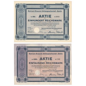 Bohrisch Brauerei Aktiengesellschaft, shares of 100 and 1,000 marks 1939 (2 pieces).