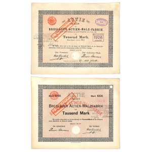 Malt and malt coffee factory, shares 1,000 marks 1898-1911 (2 pieces).