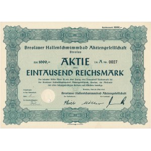 Breslauer Hallenschwimmbad Aktiengesellschaft, Aktion 1.000 Mark 1943