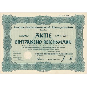 Breslauer Hallenschwimmbad Aktiengesellschaft, share 1,000 marks 1943