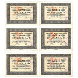 Elektrizitatswerk Schlesien Aktiengesellschaft, Aktien 1.000 Mark 1913 (6 Stück).