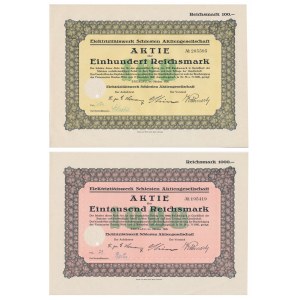 Elektrizitatswerk Schlesien Aktiengesellschaft, shares of 100 and 1,000 marks 1926 (2 pieces).