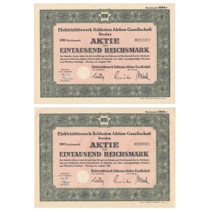 Elektrizitatswerk Schlesien Aktiengesellschaft, shares 1,000 marks 1938 (2 pieces).