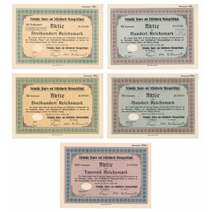 Paper and Pulp Factory, shares 100-1,000 marks 1926-1929 (5 pieces).