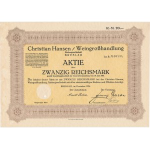 Christian Hansen/Weingroshandlung Aktiengesellschaft, stock 20 marks 1924