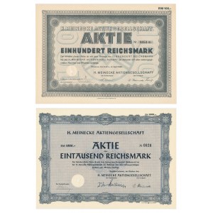 H. Meinecke Aktiengesellschaft, shares 100-1,000 marks 1929-1942 (2 pieces).