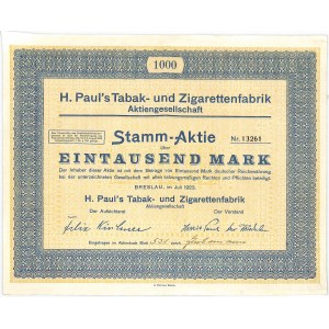 H. Paul's Tabak und Zigarettenfabrik Aktiengesellschaft, share 1,000 marks 1923