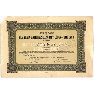 Kleinbahn Aktiengesellschaft Luben-Kotzenau, share 1,000 marks 1921