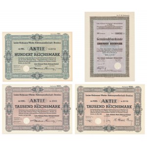 Linke-Hofmann Werke Aktiengesellschaft, shares 100-1,000 marks 1926-1942 (4 pieces).