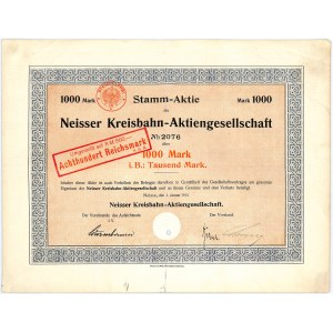 Neisser Kreisbahn Aktiengesellschaft, share 1,000 marks 1913
