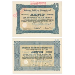 Neudammer Hutfabriken Aktiengesellschaft, shares of 100 marks 1929-1934 (2 pieces).