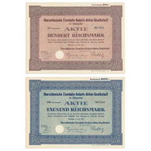 Oberschlesische Eisenbahn Bedarfs Aktiengesellschaft, shares 100-1,000 marks 1932 (2 pieces).