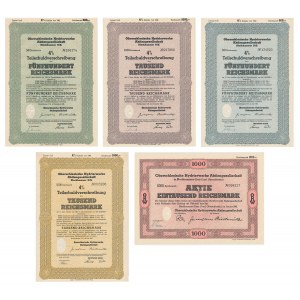 Oberschlesische Hydrierwerke Aktiengesellschaft, Aktien 500-1.000 Mark 1942-1943 (5 Stück).