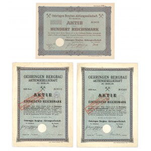 Oehringen Bergbau Aktiengesellschaft, shares 100-1,000 marks 1921-1925 (3 pieces).