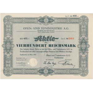 Ofen und Tonindustrie Aktiengesellschaft, stock 400 marks 1935