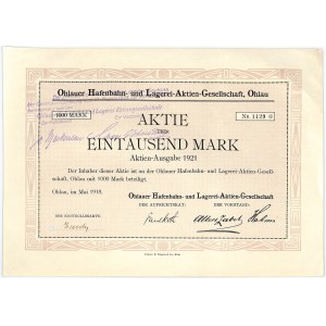 Ohlauer Hafenbahn und Lagerei Aktiengesellschaft, akcja 1.000 marek 1921