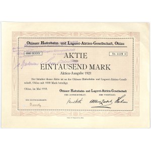 Ohlauer Hafenbahn und Lagerei Aktiengesellschaft, share of 1,000 marks 1921