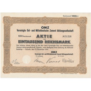 OMZ Vereinigte Ost und Mitteldeutsche Zement Aktiengesellschaft, share of 1,000 marks 1941