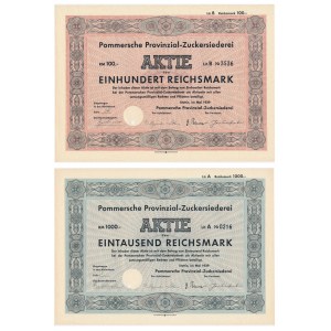Pommersche Landeszuckerfabrik, Aktien zu 100 und 1.000 Mark 1939 (2 Stück).
