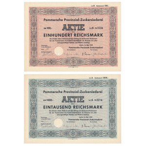 Pomeranian Provincial Sugar Factory, shares of 100 and 1,000 marks 1939 (2 pieces).