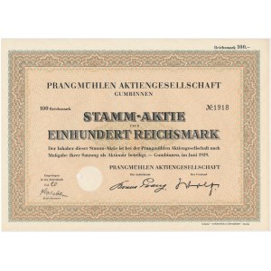 Prangmuhlen Aktiengesellschaft Gumbinnen, share 1,000 marks 1939