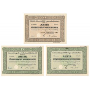 Schlesische Aktiengesellschaft, action 100-500 marks 1943 (3 pieces).