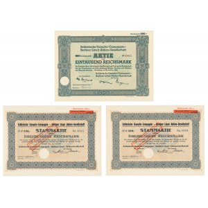 Schlesische Dampfer Compagnie Berliner LLoyd Aktiengesellschaft, stock 300-1,000 marks 1928-1939 (3 pieces).
