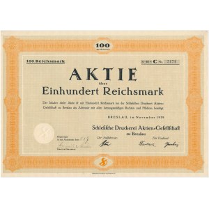 Schlesische Druckerei Aktiengesellschaft, akcja 100 marek 1939