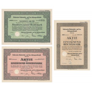 Schlesische Elektrizitats und Gas Aktiengesellschaft, akcje 1.000-100.000 marek 1942 (3 szt.)