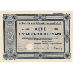 Schlesische Immobilien Aktiengesellschaft, share 1,000 marks 1940