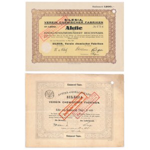 Schlesien, Gesellschaft der chemischen Fabriken, Aktien 1.000 und 1.200 Mark 1872-1928 (2 Stück).