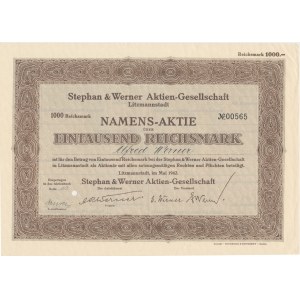 Stephan &amp; Werner Aktiengesellschaft, share 1,000 marks 1942