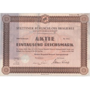 Stettiner Bergschloss Brauerei Aktiengesellschaft, Anteil 1.000 Mark 1942