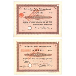 Tschopelner Werke Aktiengesellschaft, Aktien 1.000 Mark 1906-1920 (2 Stück).