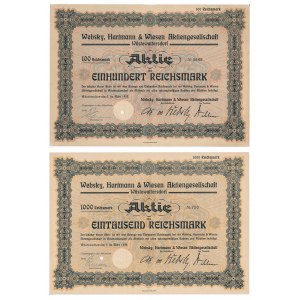 Websky, Hartmann &amp; Wiesen Aktiengesellschaft, Aktien zu 100 und 1.000 Mark 1933 (2 Stück).