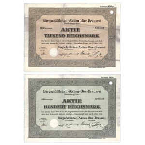 Bergschloschen Aktien Bier Brauerei, shares 100-1,000 marks 1942 (2 pieces).