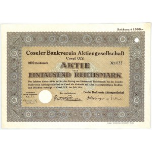 Coseler Bankverein Aktiengesellschaft, Anteil 1.000 Mark 1934
