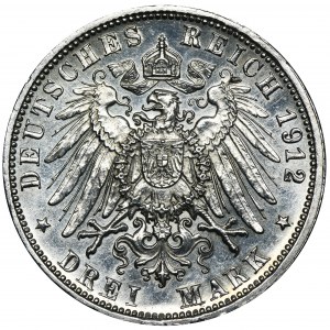 Deutschland, Württemberg, Wilhelm II, 3 Mark Stuttgart 1912 F