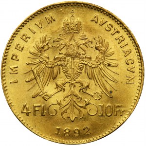 Österreich, Franz Joseph I., 4 Florens = 10 Franken Wien 1892 - NEUES FAHRRAD