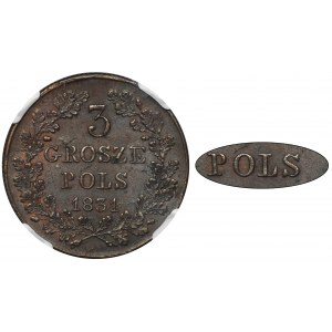 Novemberaufstand, 3 Grosze 1831 KG - NGC MS62 BN - RARE HYBRYDA, kein Punkt nach POLS