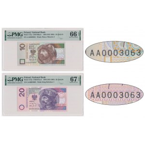 Zestaw, 10-20 złotych 1994 - AA 0003063 - PMG 66/67 EPQ - takie same numery seryjne